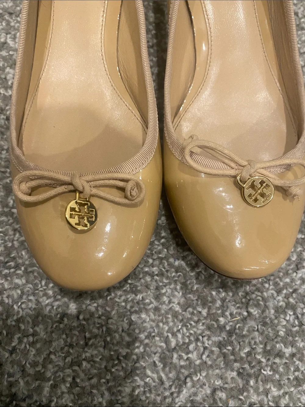 Tory Burch Nude Patent Leather Low Block Heel Ballet Flats with Logo